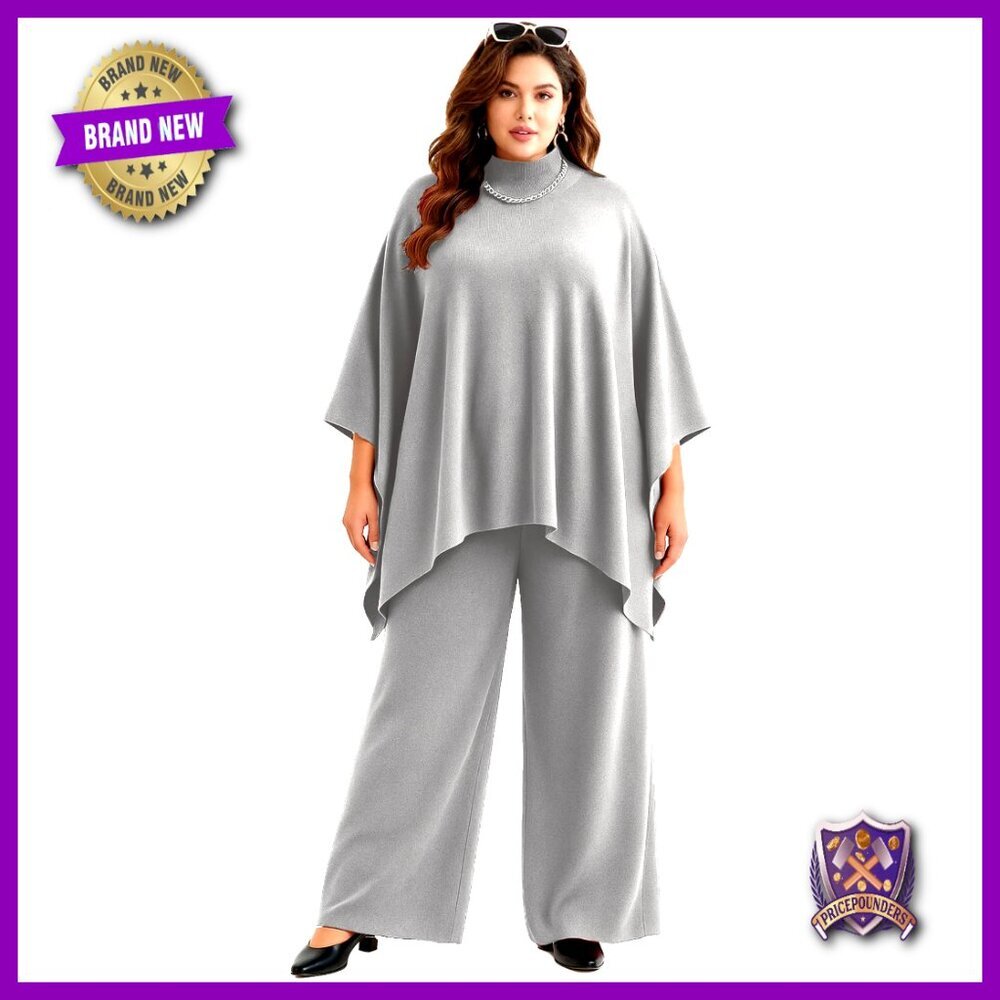Plus Size Knit Lounge Set Mock Neck Poncho Top Wide Leg Pants